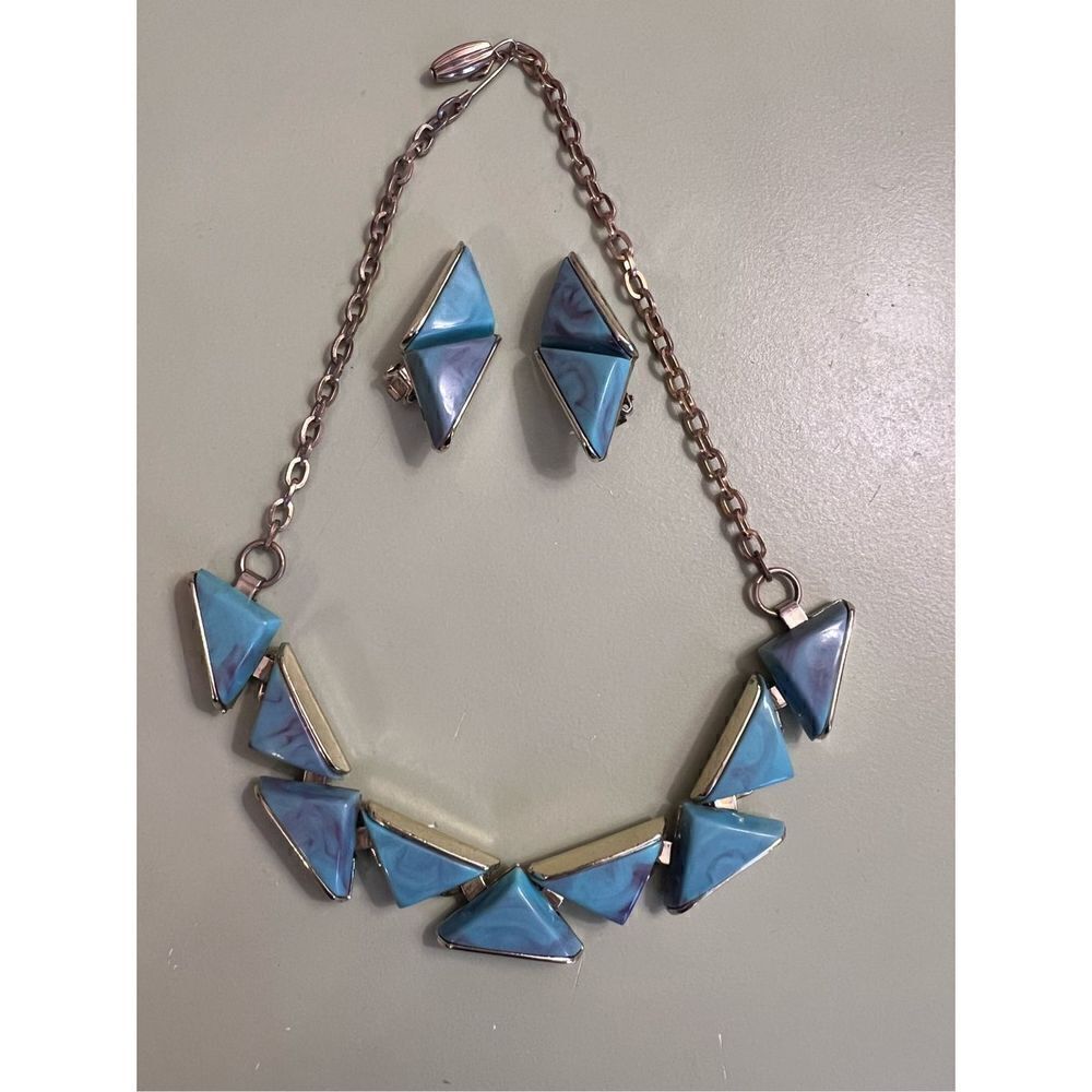 Rare Women’s Blue Vintage‎ Statement Bib Chain Necklace & Earrings Set